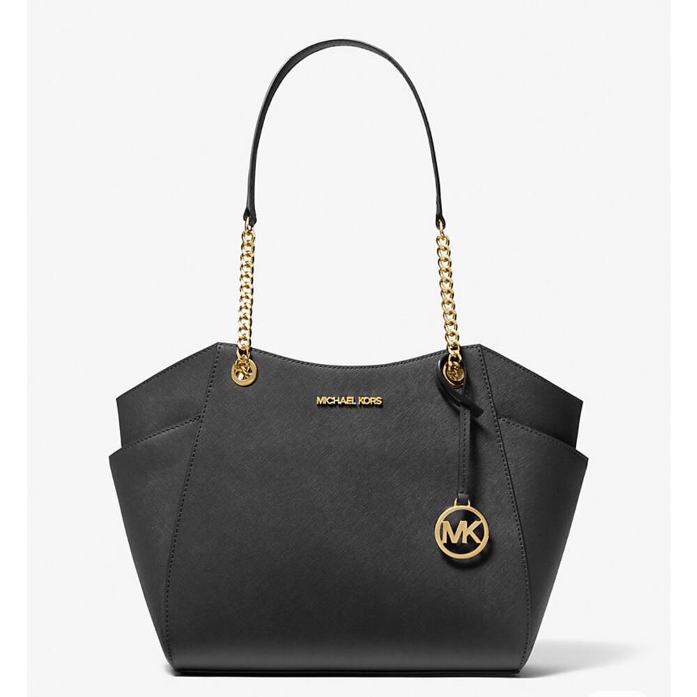 Michael Kors Jet Set Travel LG Chain Shoulder Tote Black Leather NWT - Picture 2 of 12